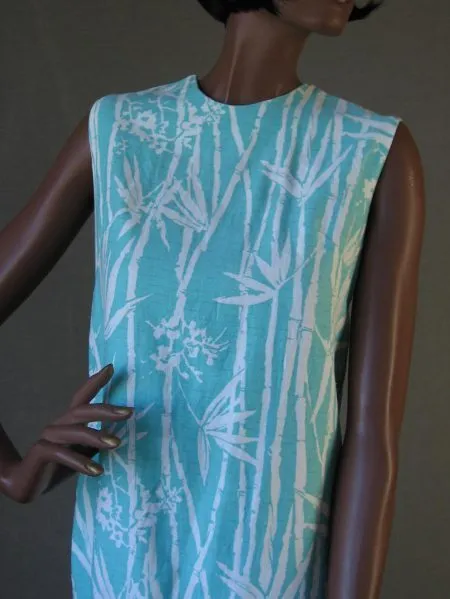 60s Women's Mini Dress Bamboo Print Vintage Shift Aqua Small to Medium VFG