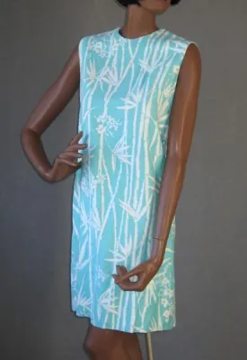 60s Women's Mini Dress Bamboo Print Vintage Shift Aqua Small to Medium VFG
