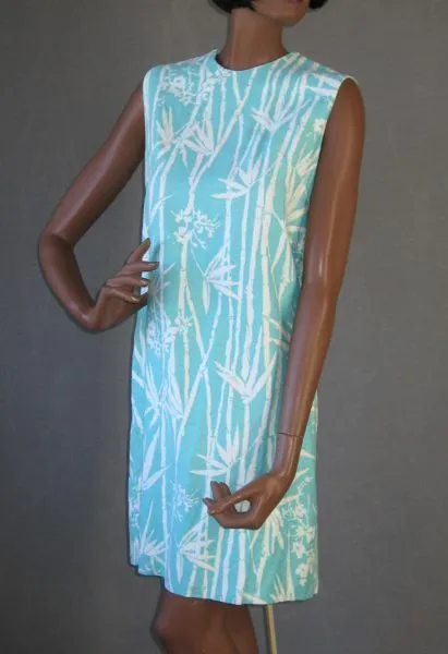60s Women's Mini Dress Bamboo Print Vintage Shift Aqua Small to Medium VFG