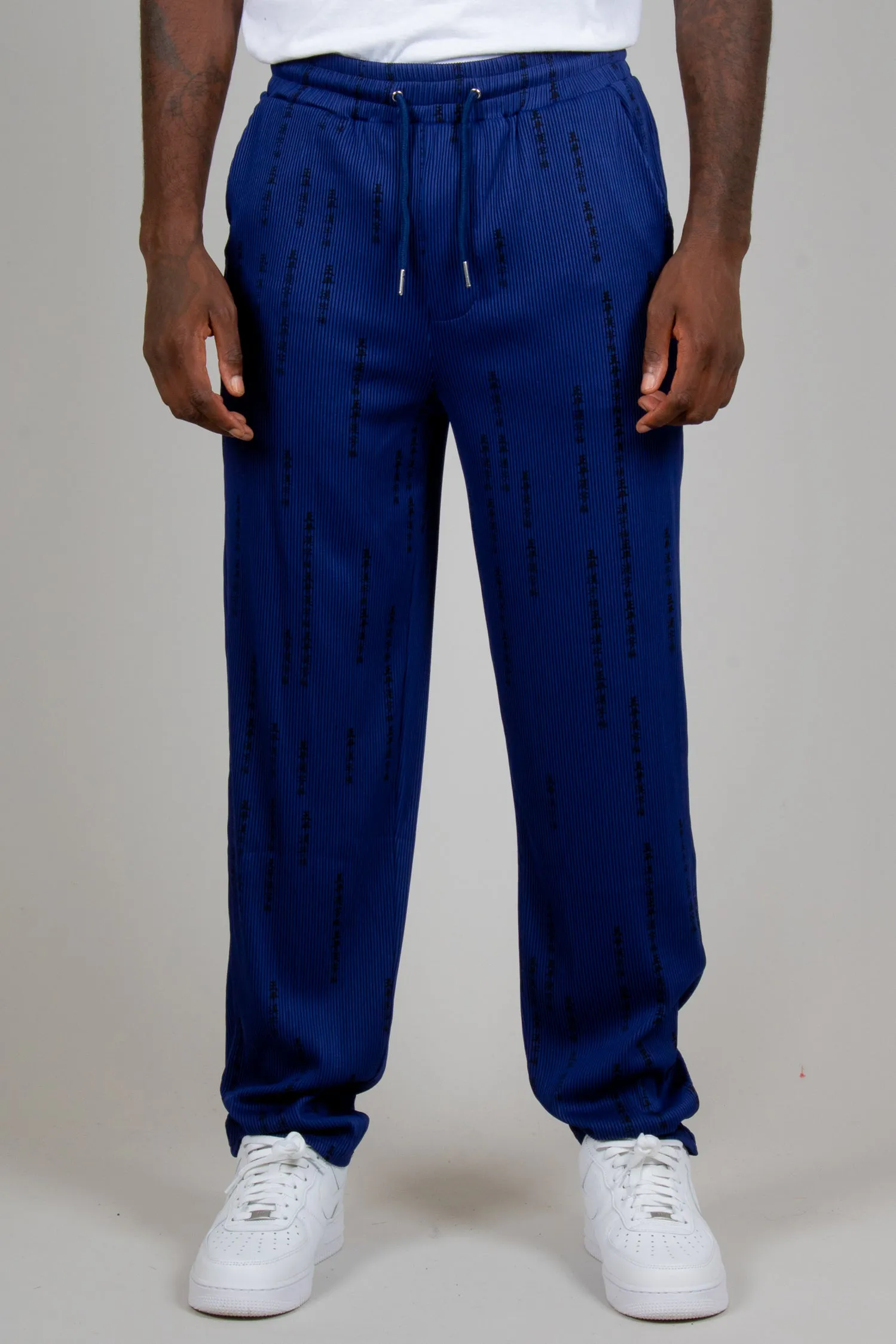 All-Over Japanese Print Plisse Navy Straight Leg Trouser