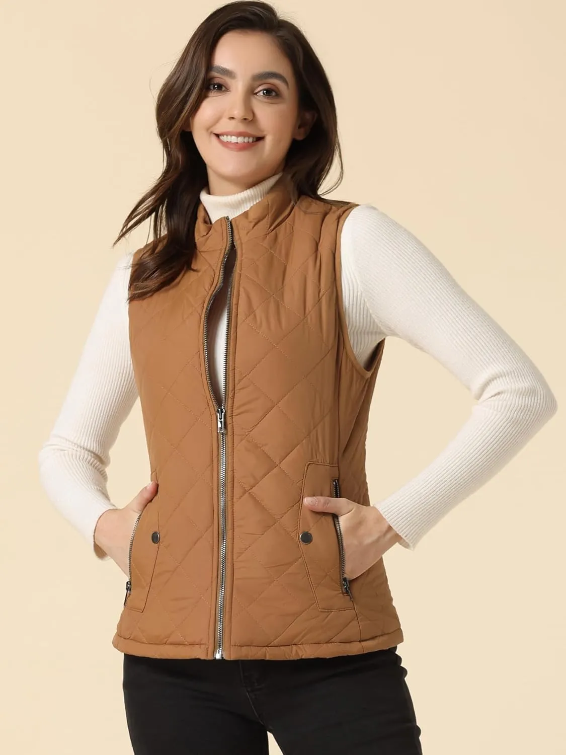 Allegra K Women's Puffer Vest Stand Collar Lightweight Gilet Quilted Zip Vest