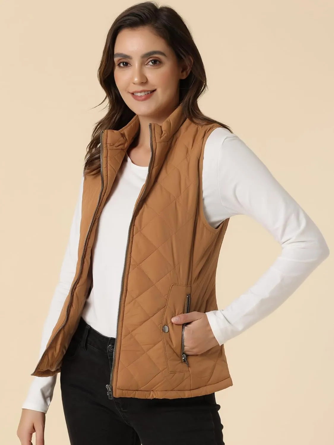 Allegra K Women's Puffer Vest Stand Collar Lightweight Gilet Quilted Zip Vest