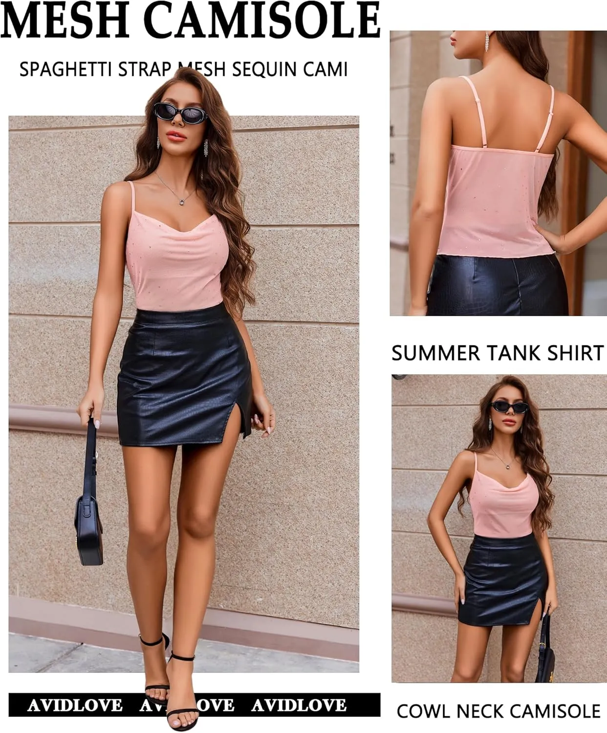 Avidlove Women's Mesh Camisole Cowl Neck Tank Top Cami Sequin Basic Tank Shirt Blouses