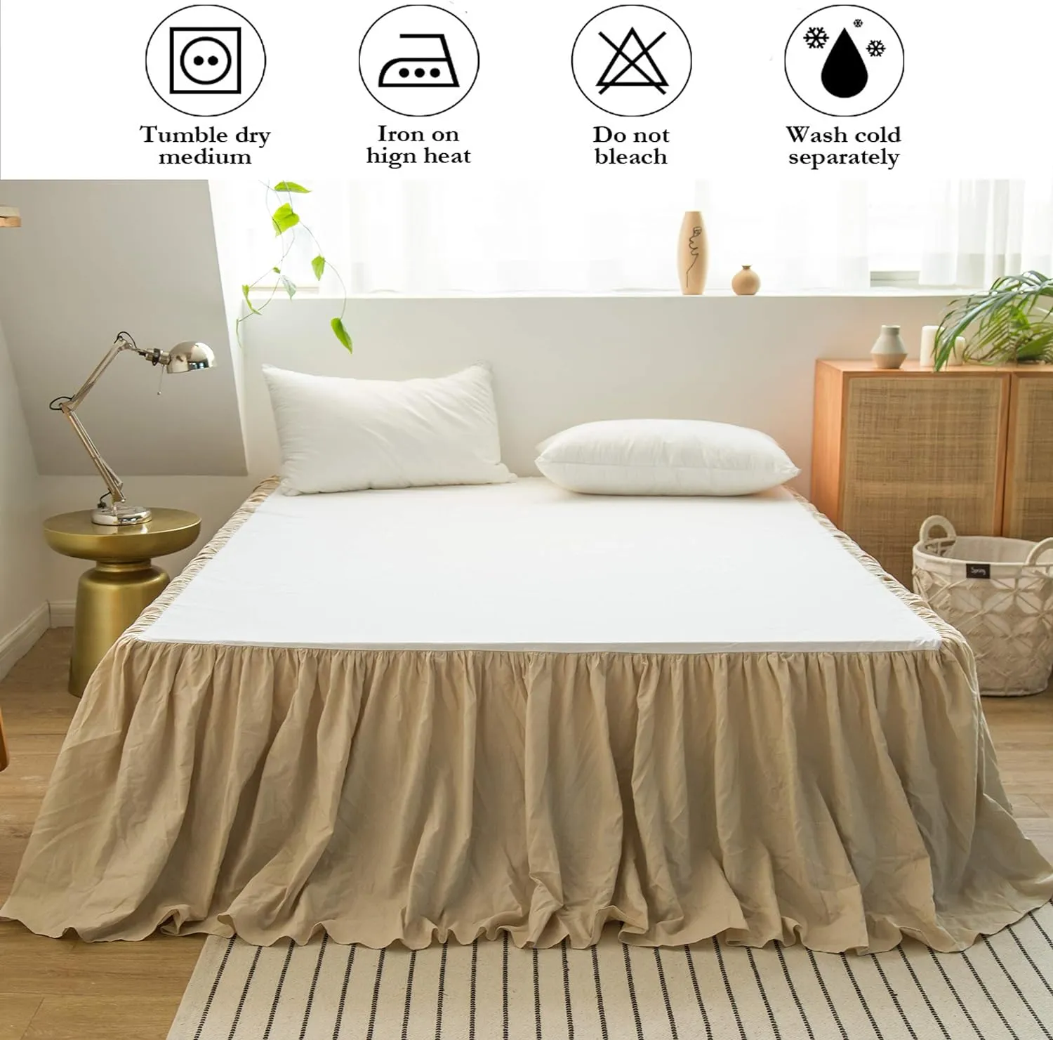 BISELINA French Linen Bed Skirt with Pleated Frills 22-Inch Tailored Drop Natural Flax Cotton Blend Dust Ruffle Soft Cozy Farmhouse Bedding (22" Queen, Linen)