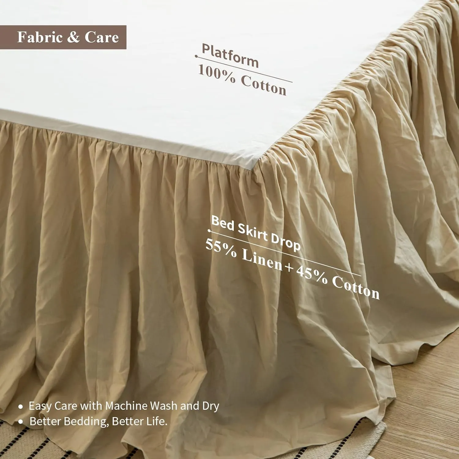 BISELINA French Linen Bed Skirt with Pleated Frills 22-Inch Tailored Drop Natural Flax Cotton Blend Dust Ruffle Soft Cozy Farmhouse Bedding (22" Queen, Linen)