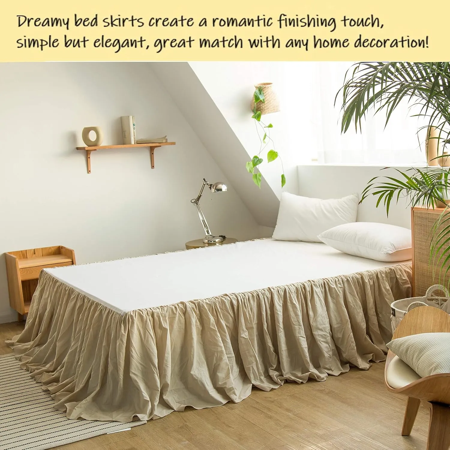 BISELINA French Linen Bed Skirt with Pleated Frills 22-Inch Tailored Drop Natural Flax Cotton Blend Dust Ruffle Soft Cozy Farmhouse Bedding (22" Queen, Linen)