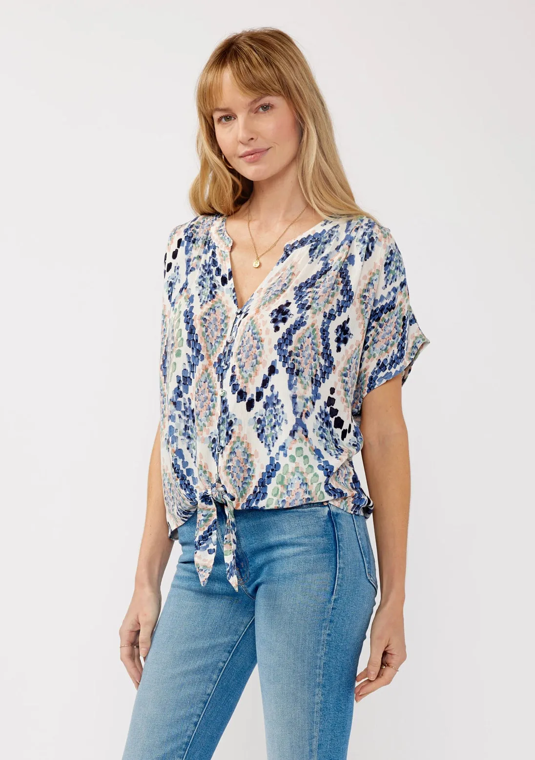 Blue Pastel Ikat Short Sleeve Top Button-Down Blouse