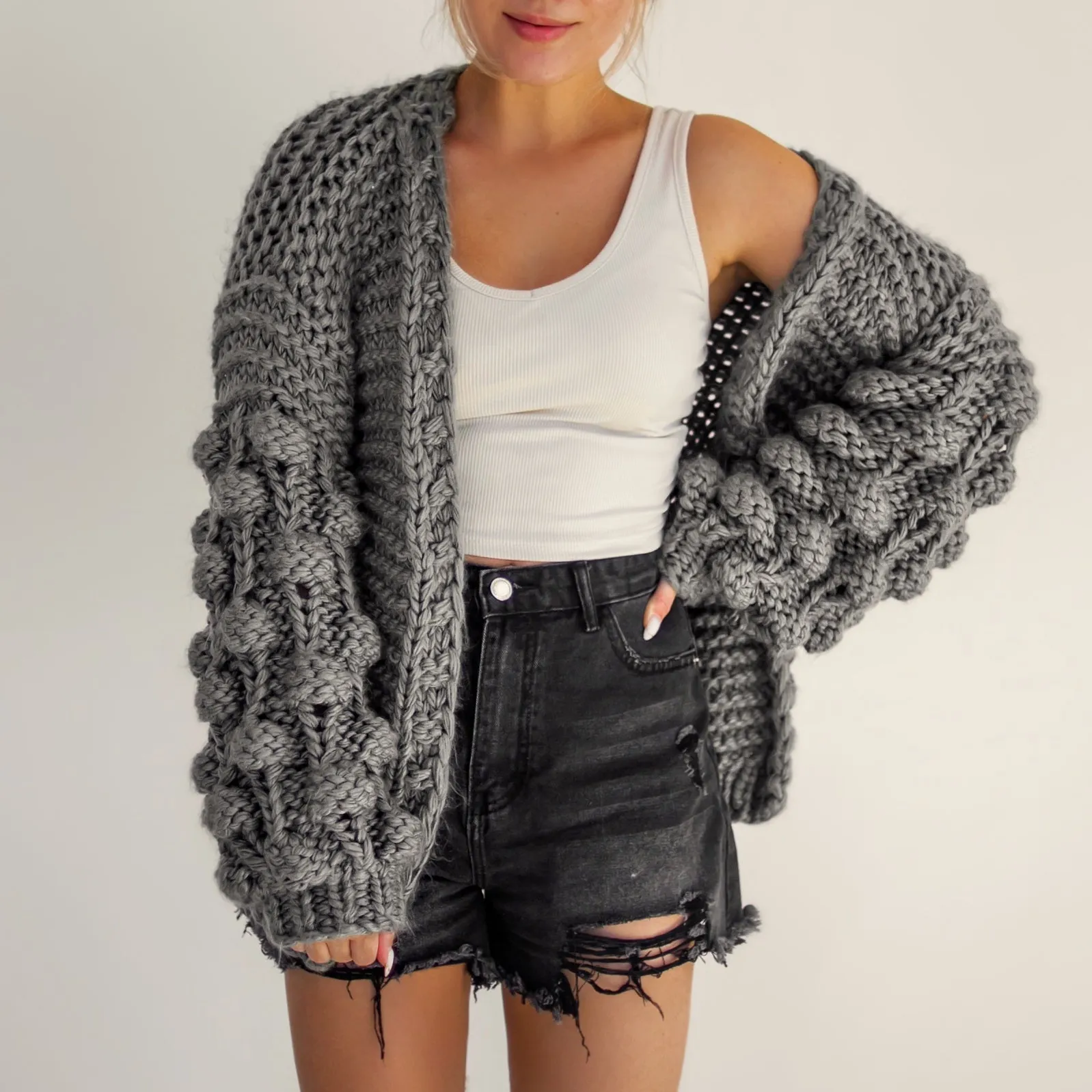Chunky Knit Pom-Pom Sleeved Cardigan