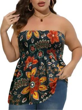 Comeon Women Plus Size Tube Top Summer Casual Strapless Pleated Blouse Beach Off Shoulder Tunic Top