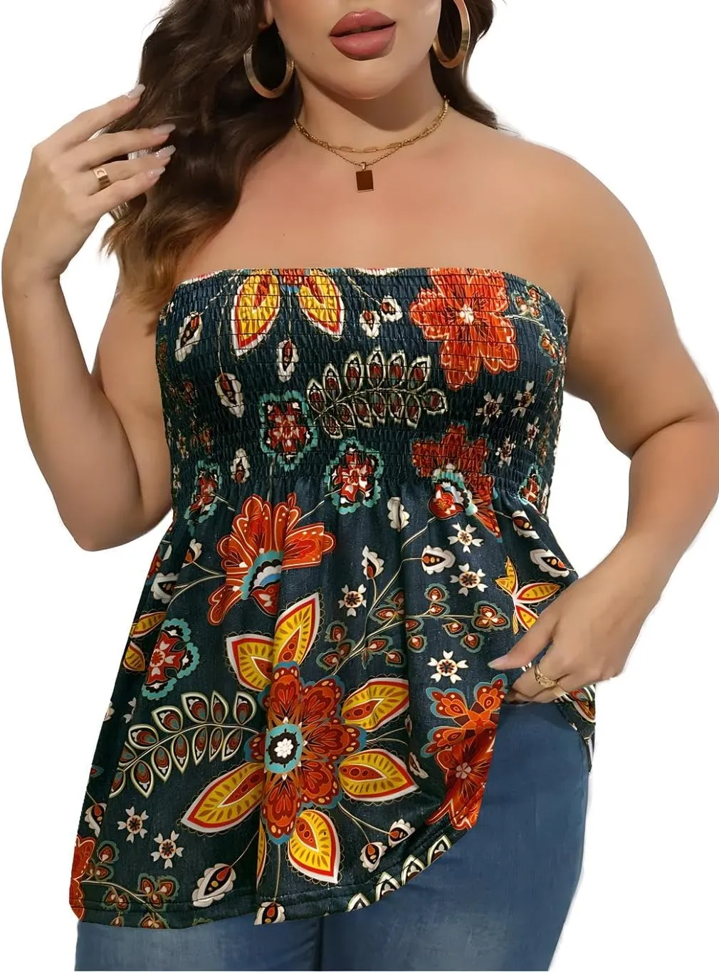 Comeon Women Plus Size Tube Top Summer Casual Strapless Pleated Blouse Beach Off Shoulder Tunic Top