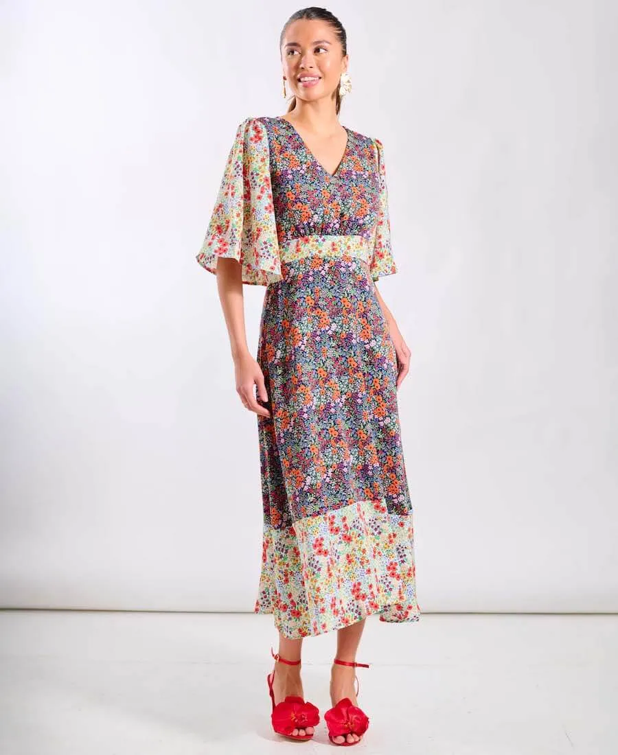 Contrast Floral Angel Sleeve Midi Dress