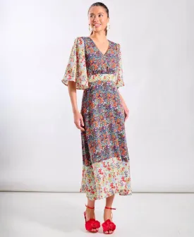 Contrast Floral Angel Sleeve Midi Dress