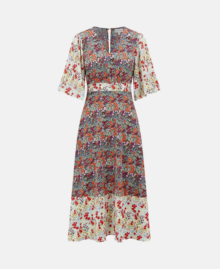 Contrast Floral Angel Sleeve Midi Dress