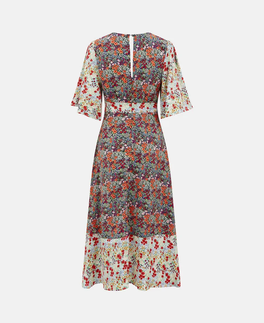 Contrast Floral Angel Sleeve Midi Dress
