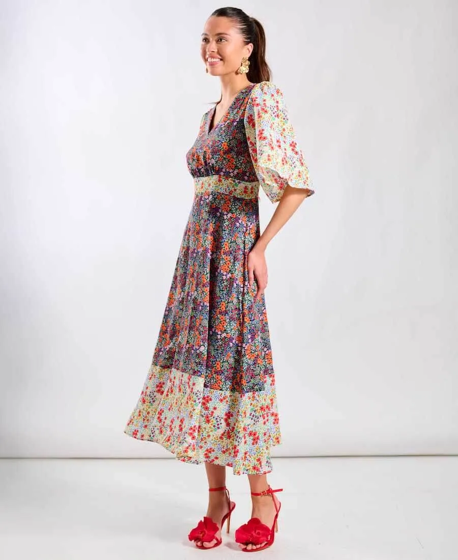 Contrast Floral Angel Sleeve Midi Dress