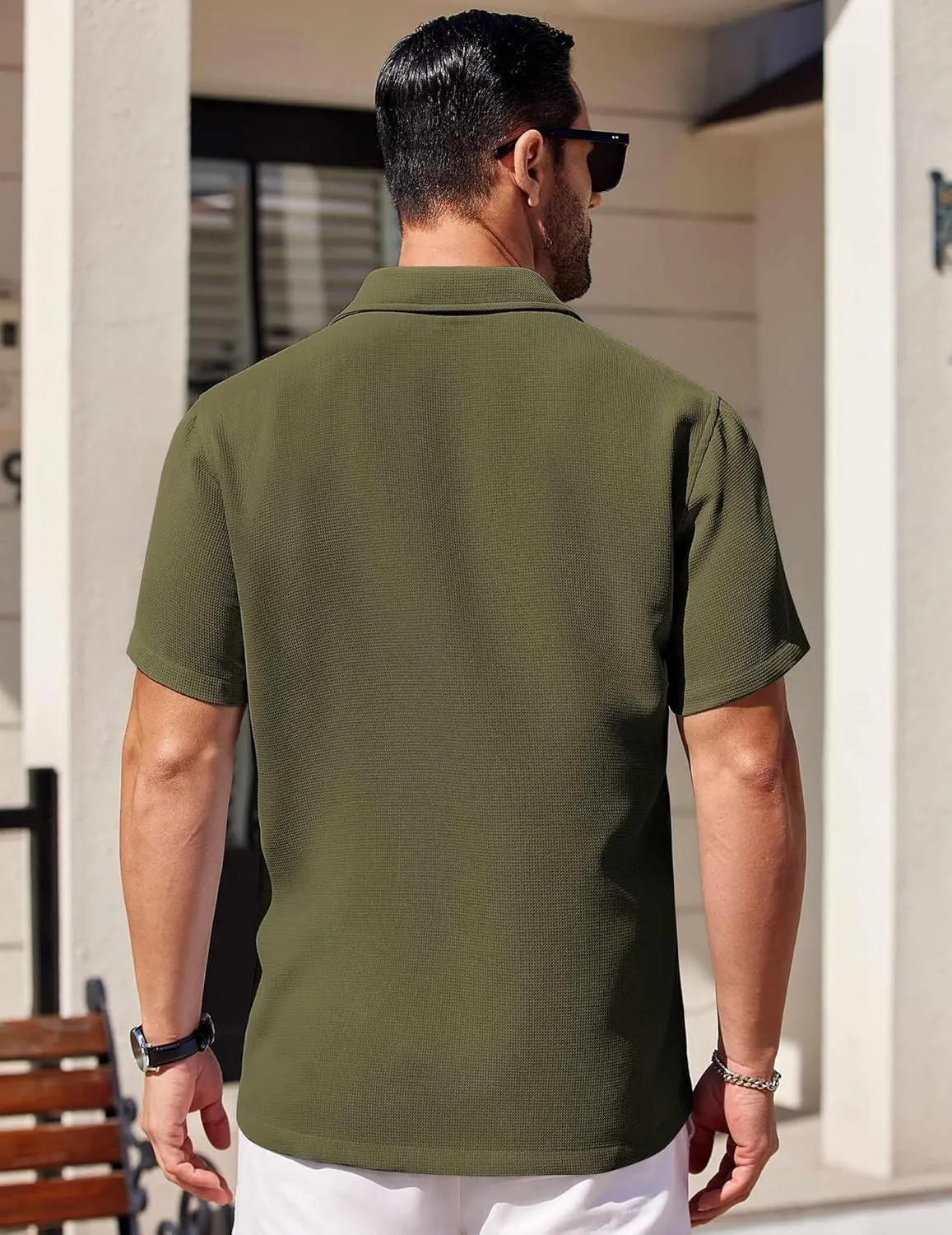 COOFANDY Mens Short Sleeve Button Down Shirts Waffle Shirt Casual Beach Summer Shirts Wrinkle Free Vacation Shirts