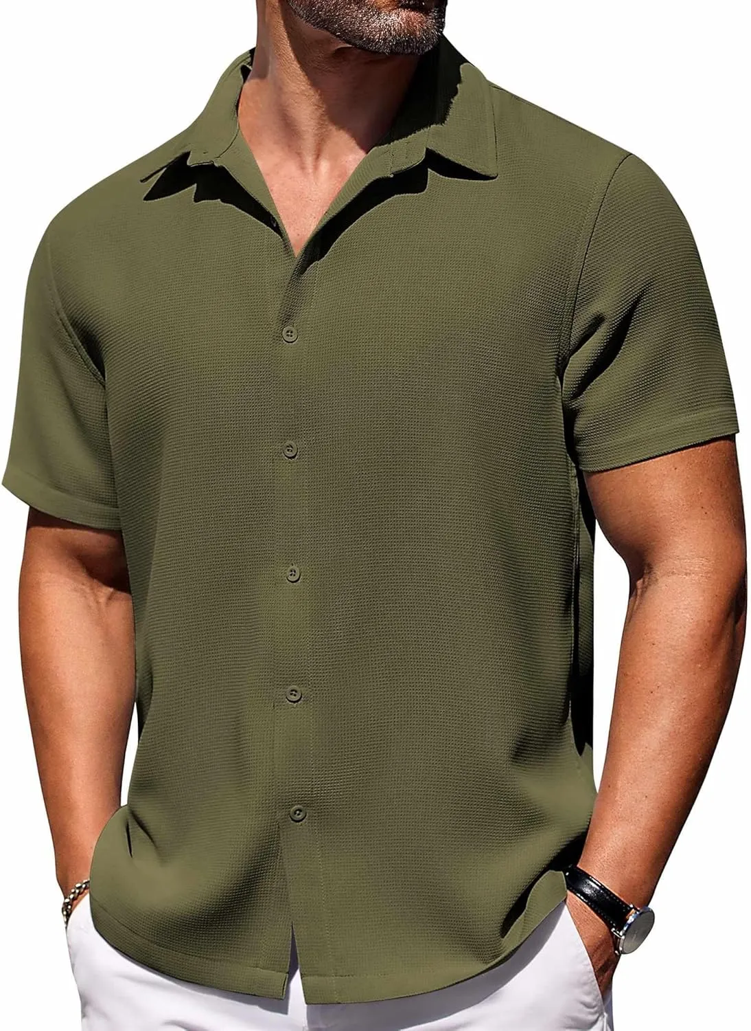 COOFANDY Mens Short Sleeve Button Down Shirts Waffle Shirt Casual Beach Summer Shirts Wrinkle Free Vacation Shirts