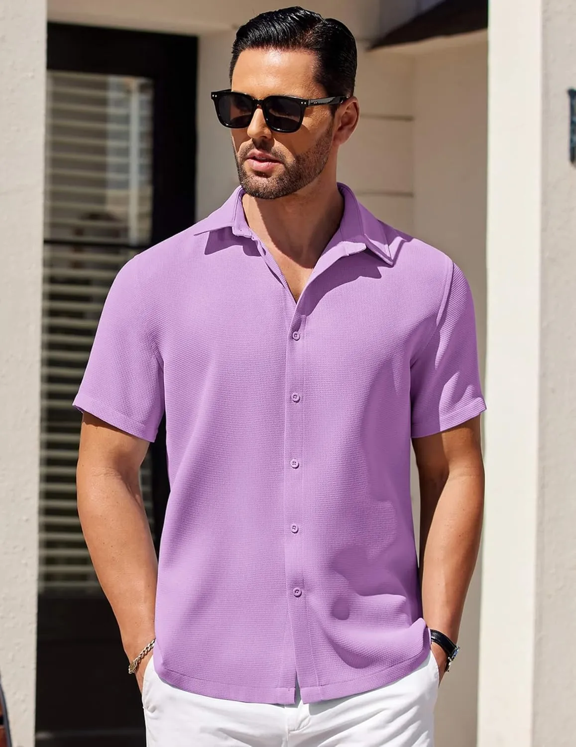COOFANDY Mens Short Sleeve Button Down Shirts Waffle Shirt Casual Beach Summer Shirts Wrinkle Free Vacation Shirts