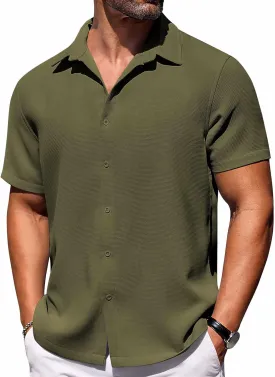 COOFANDY Mens Short Sleeve Button Down Shirts Waffle Shirt Casual Beach Summer Shirts Wrinkle Free Vacation Shirts