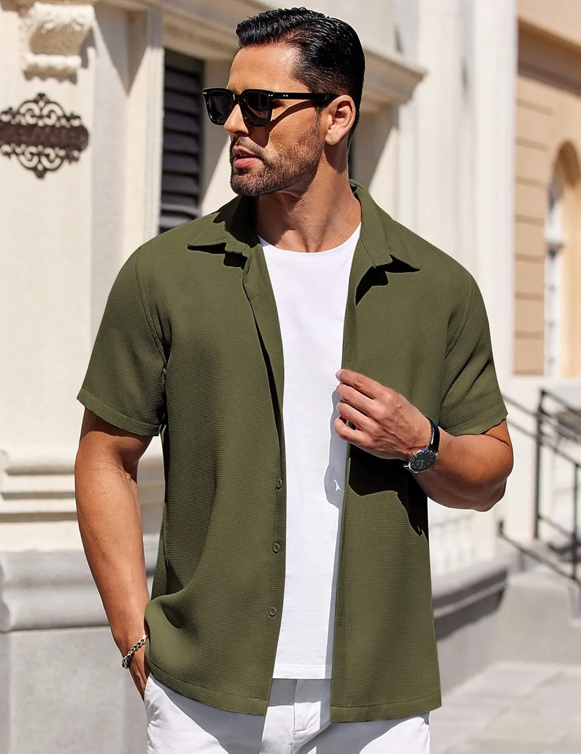 COOFANDY Mens Short Sleeve Button Down Shirts Waffle Shirt Casual Beach Summer Shirts Wrinkle Free Vacation Shirts