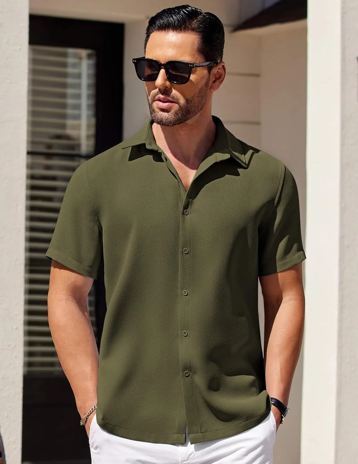 COOFANDY Mens Short Sleeve Button Down Shirts Waffle Shirt Casual Beach Summer Shirts Wrinkle Free Vacation Shirts