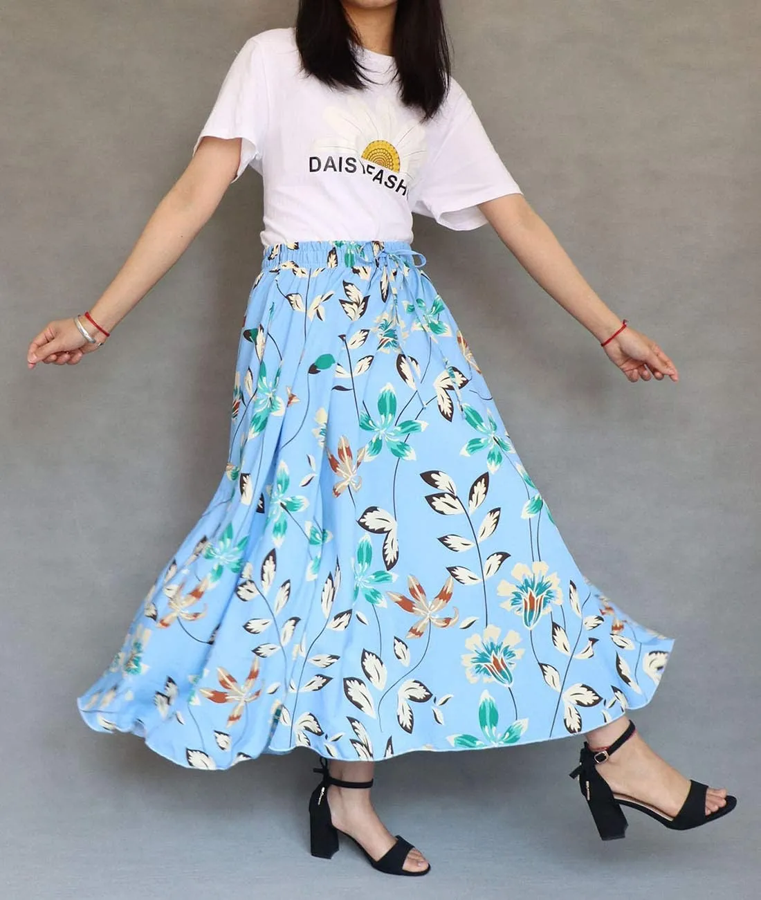 Coolwife Womens High Waist Skirts Midi Swing Pockets Elastic Waist A Line Boho Floral Print Skirt