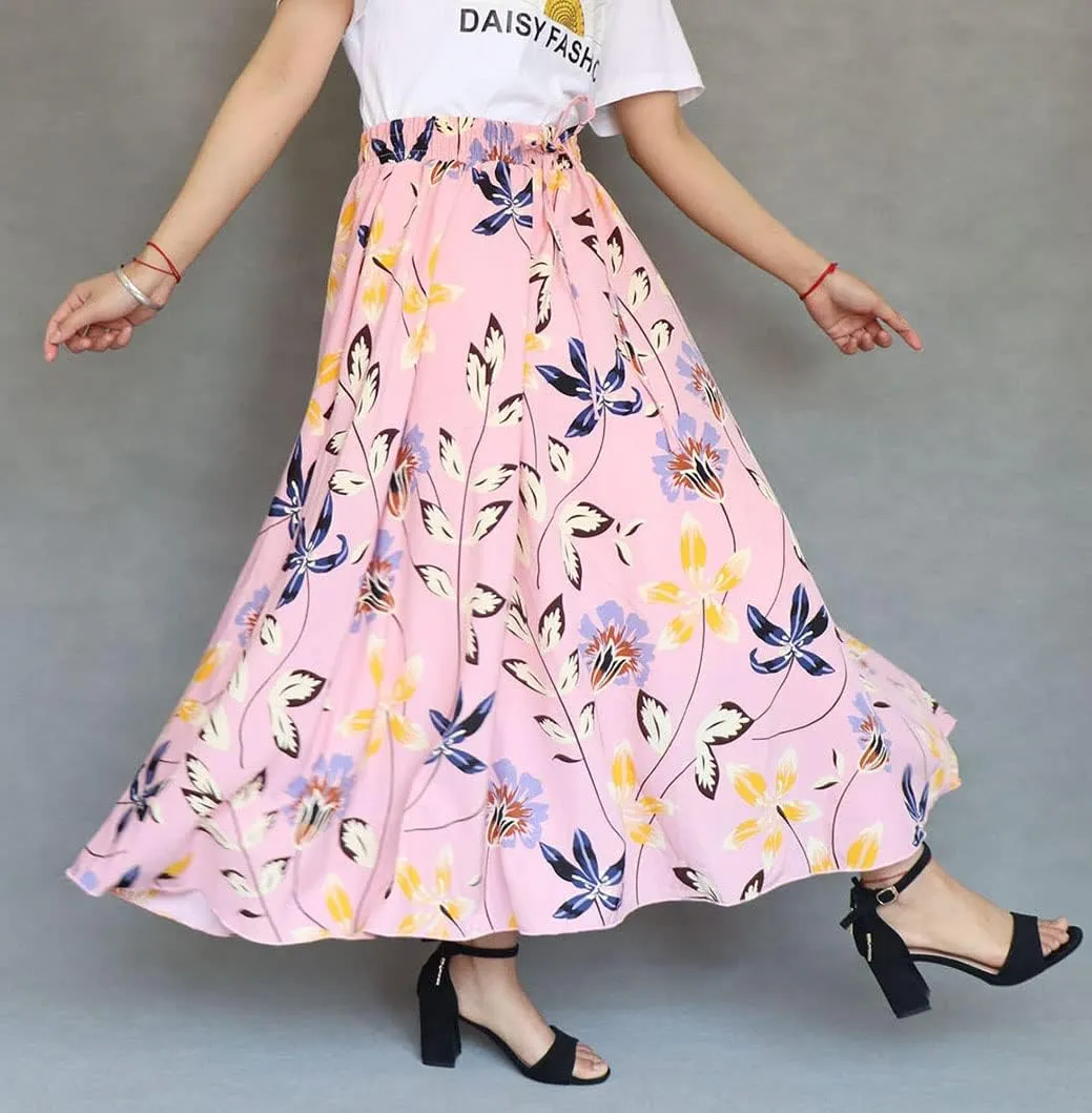 Coolwife Womens High Waist Skirts Midi Swing Pockets Elastic Waist A Line Boho Floral Print Skirt