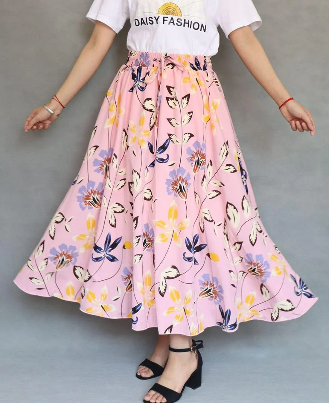 Coolwife Womens High Waist Skirts Midi Swing Pockets Elastic Waist A Line Boho Floral Print Skirt