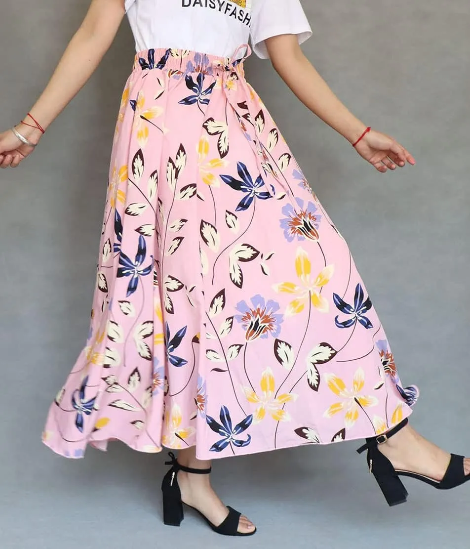 Coolwife Womens High Waist Skirts Midi Swing Pockets Elastic Waist A Line Boho Floral Print Skirt