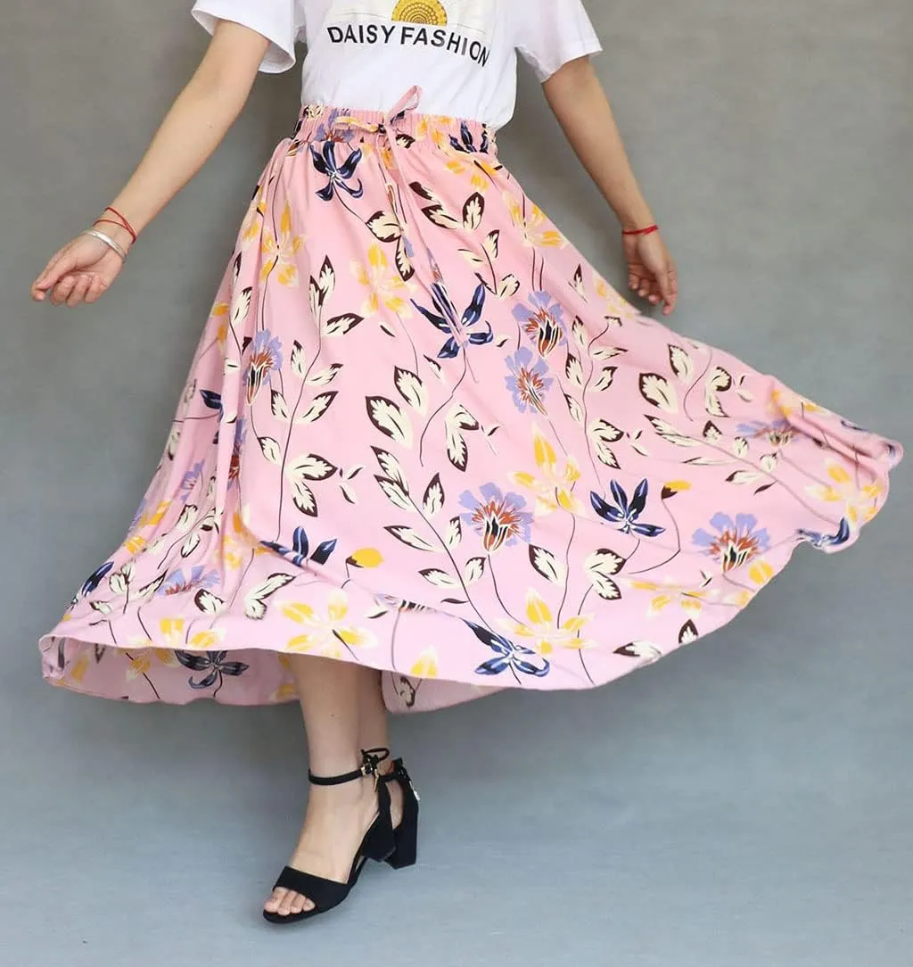 Coolwife Womens High Waist Skirts Midi Swing Pockets Elastic Waist A Line Boho Floral Print Skirt