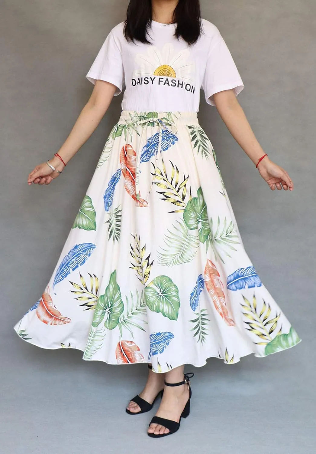 Coolwife Womens High Waist Skirts Midi Swing Pockets Elastic Waist A Line Boho Floral Print Skirt