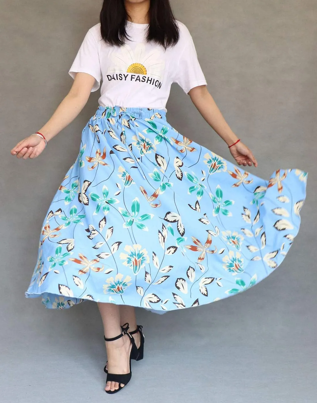 Coolwife Womens High Waist Skirts Midi Swing Pockets Elastic Waist A Line Boho Floral Print Skirt