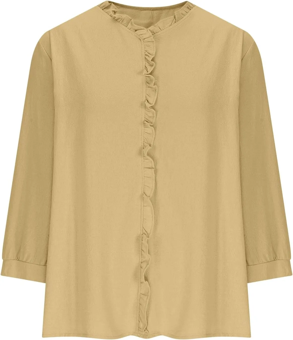 Cotton Linen Tops for Women 3/4 Sleeve Tees Frill Trim V Neck Blouse Cute Summer Vacation Breathable Shirt