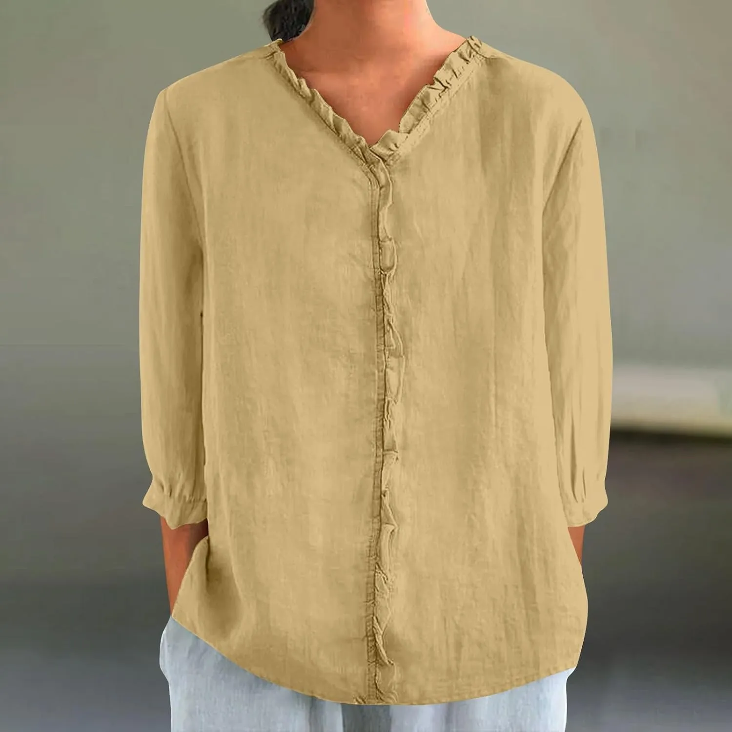 Cotton Linen Tops for Women 3/4 Sleeve Tees Frill Trim V Neck Blouse Cute Summer Vacation Breathable Shirt