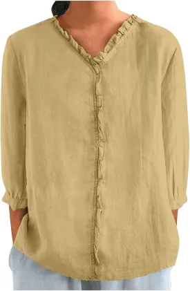Cotton Linen Tops for Women 3/4 Sleeve Tees Frill Trim V Neck Blouse Cute Summer Vacation Breathable Shirt