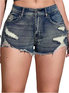 COZYEASE Women's Ripped Raw Trim Denim Shorts Plain Zipper Fly Straight Leg Jean Shorts