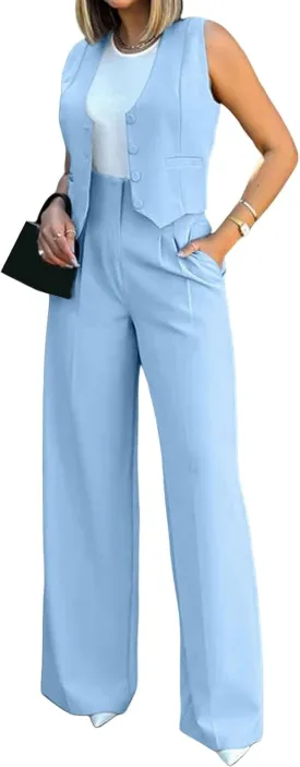 Elegant & Casual Women's Fashionable Blazer Vest & Wide-Leg Pants Set - Stylish & Comfortable for Daily Wear