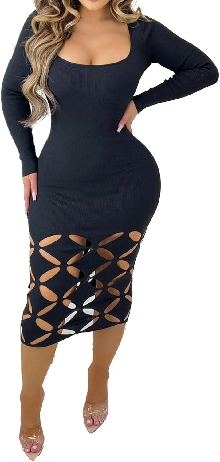 Fastkoala Women's Sexy V Neck Ribbed Bodycon Dress Hollow Out Long Sleeve Slim Fit Midi Dress Night Club Party Dresses