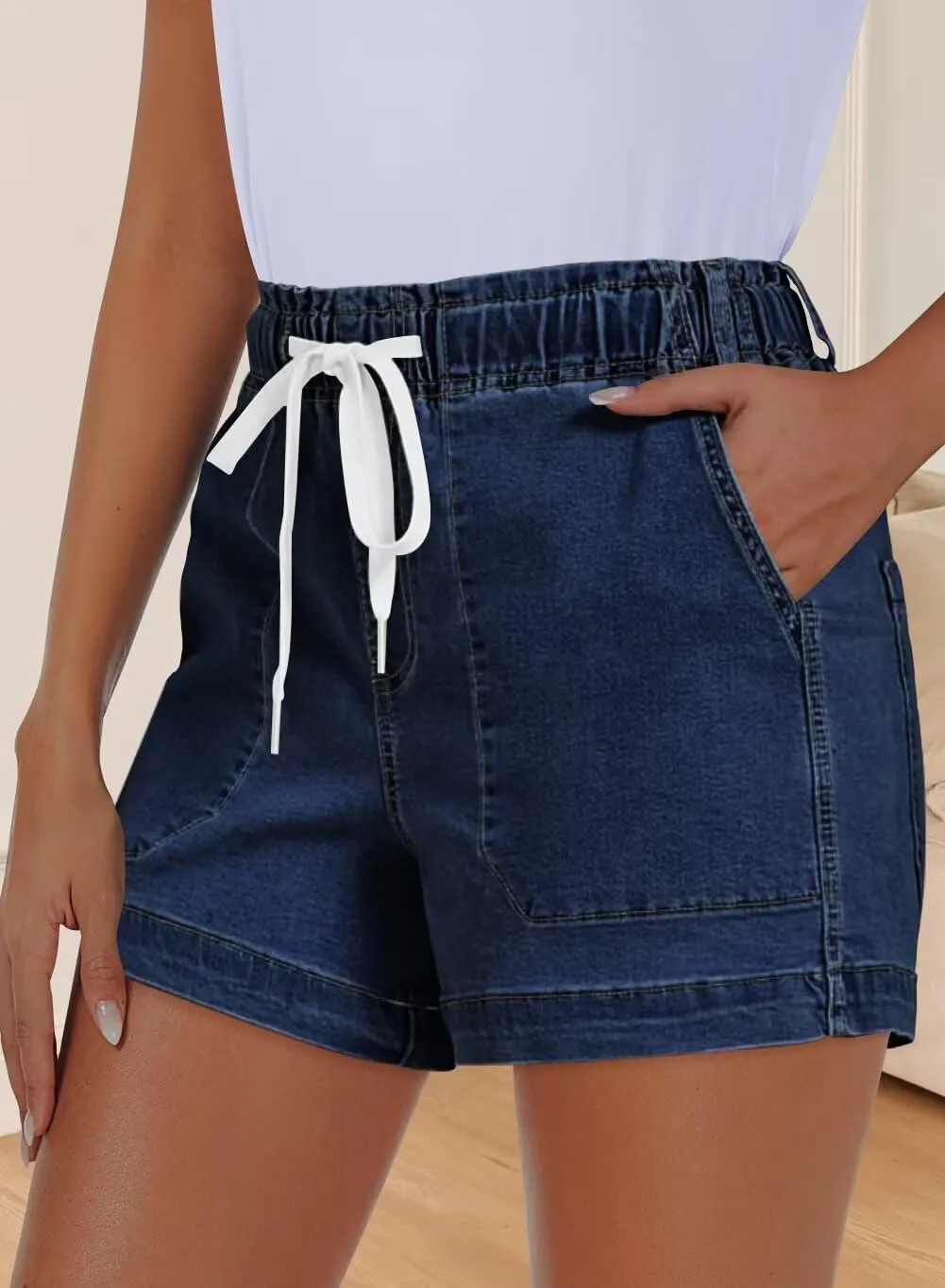 FEKOAFE Womens Stretchy Denim Shorts 2025 Summer Casual Drawstring Elastic Waist Jean Shorts with Pockets