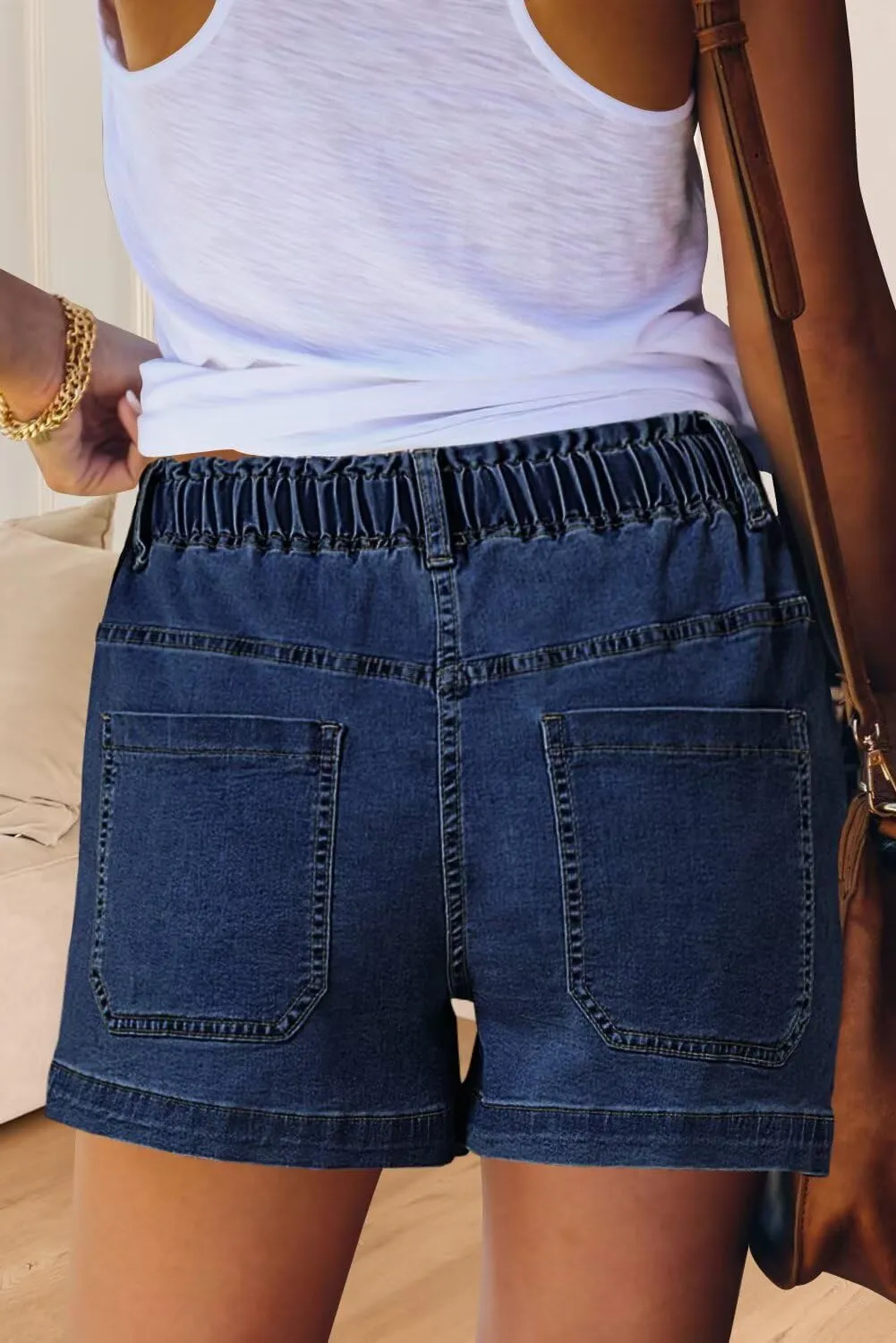 FEKOAFE Womens Stretchy Denim Shorts 2025 Summer Casual Drawstring Elastic Waist Jean Shorts with Pockets