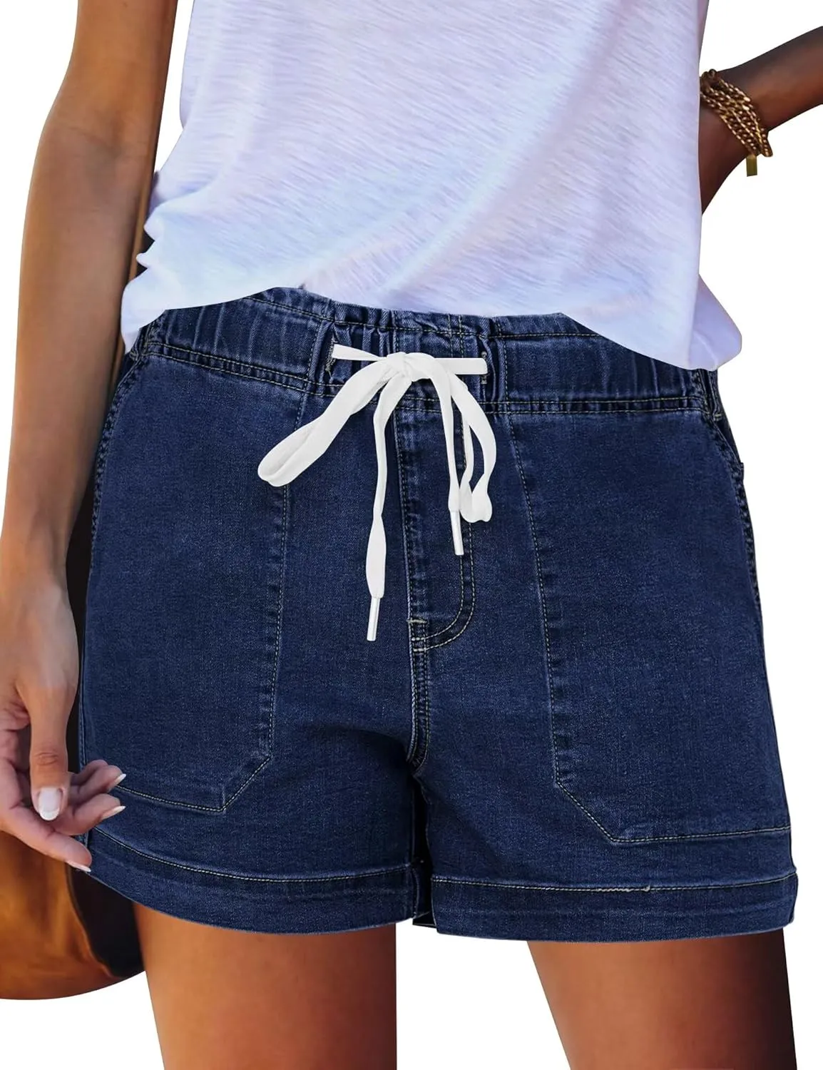 FEKOAFE Womens Stretchy Denim Shorts 2025 Summer Casual Drawstring Elastic Waist Jean Shorts with Pockets