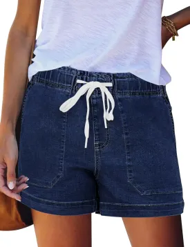 FEKOAFE Womens Stretchy Denim Shorts 2025 Summer Casual Drawstring Elastic Waist Jean Shorts with Pockets
