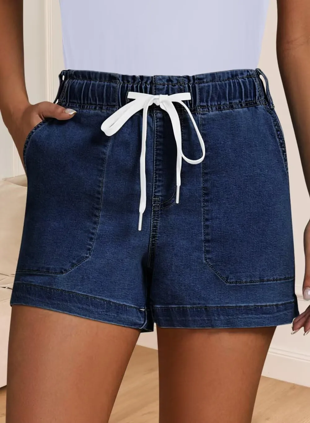 FEKOAFE Womens Stretchy Denim Shorts 2025 Summer Casual Drawstring Elastic Waist Jean Shorts with Pockets