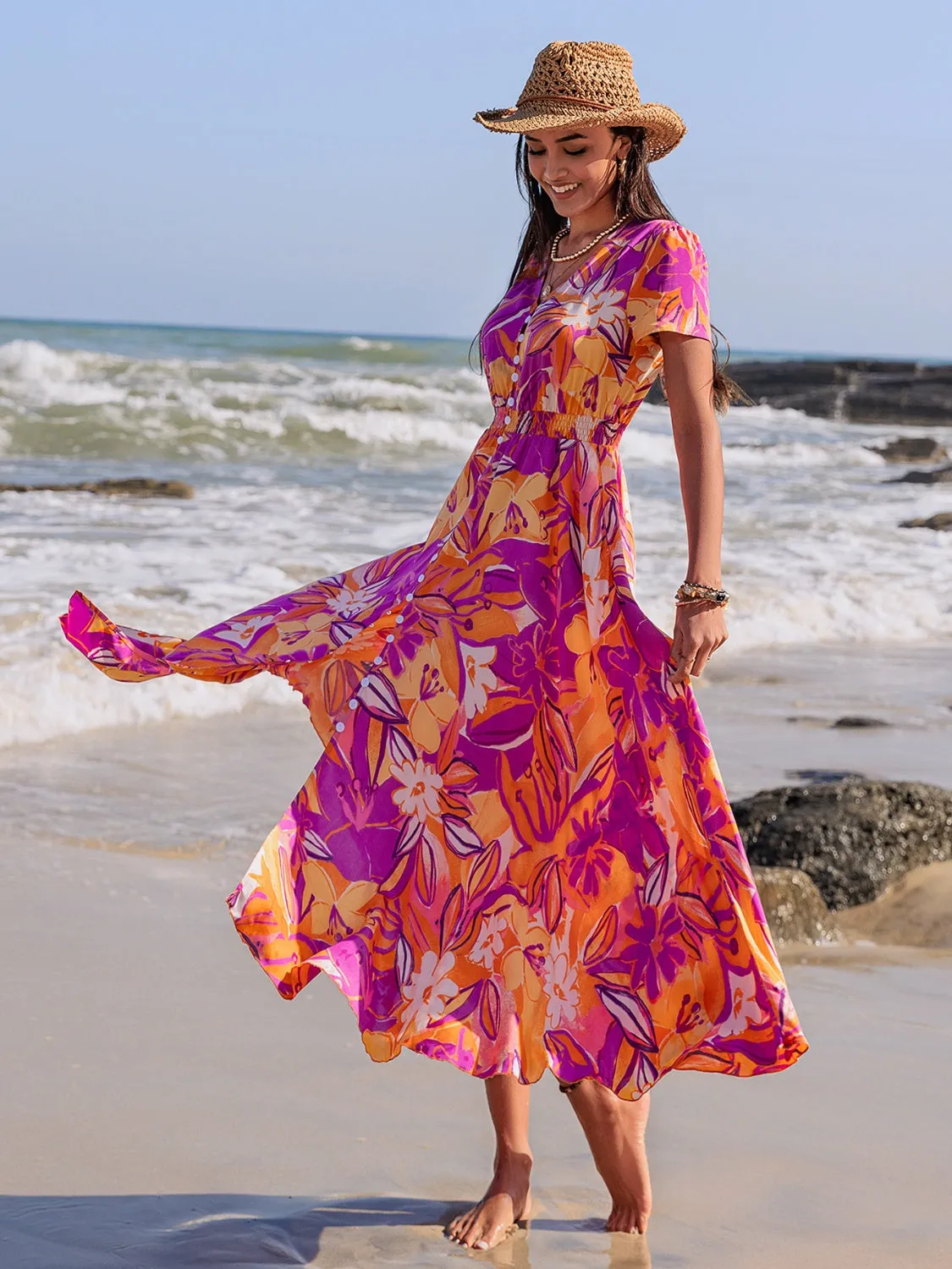 Floral Printed V-Neck Short Sleeve Midi Dress