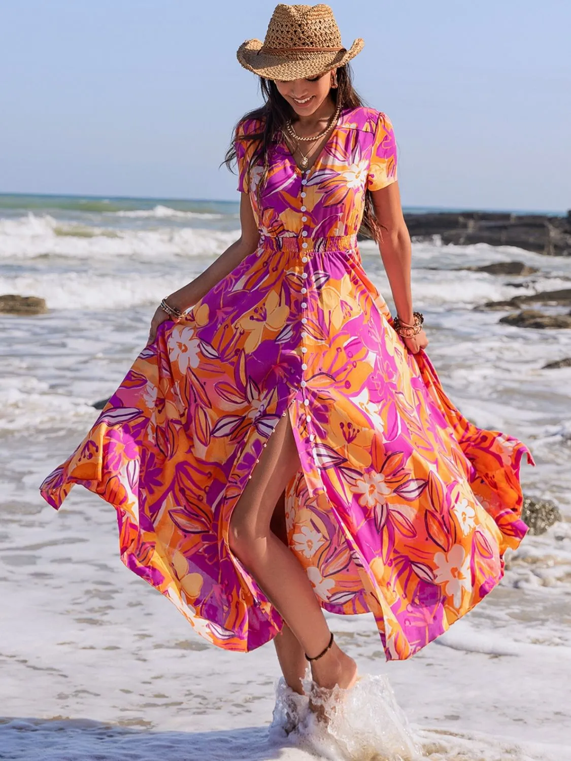 Floral Printed V-Neck Short Sleeve Midi Dress