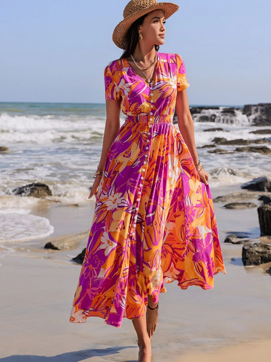 Floral Printed V-Neck Short Sleeve Midi Dress