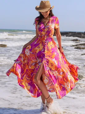 Floral Printed V-Neck Short Sleeve Midi Dress
