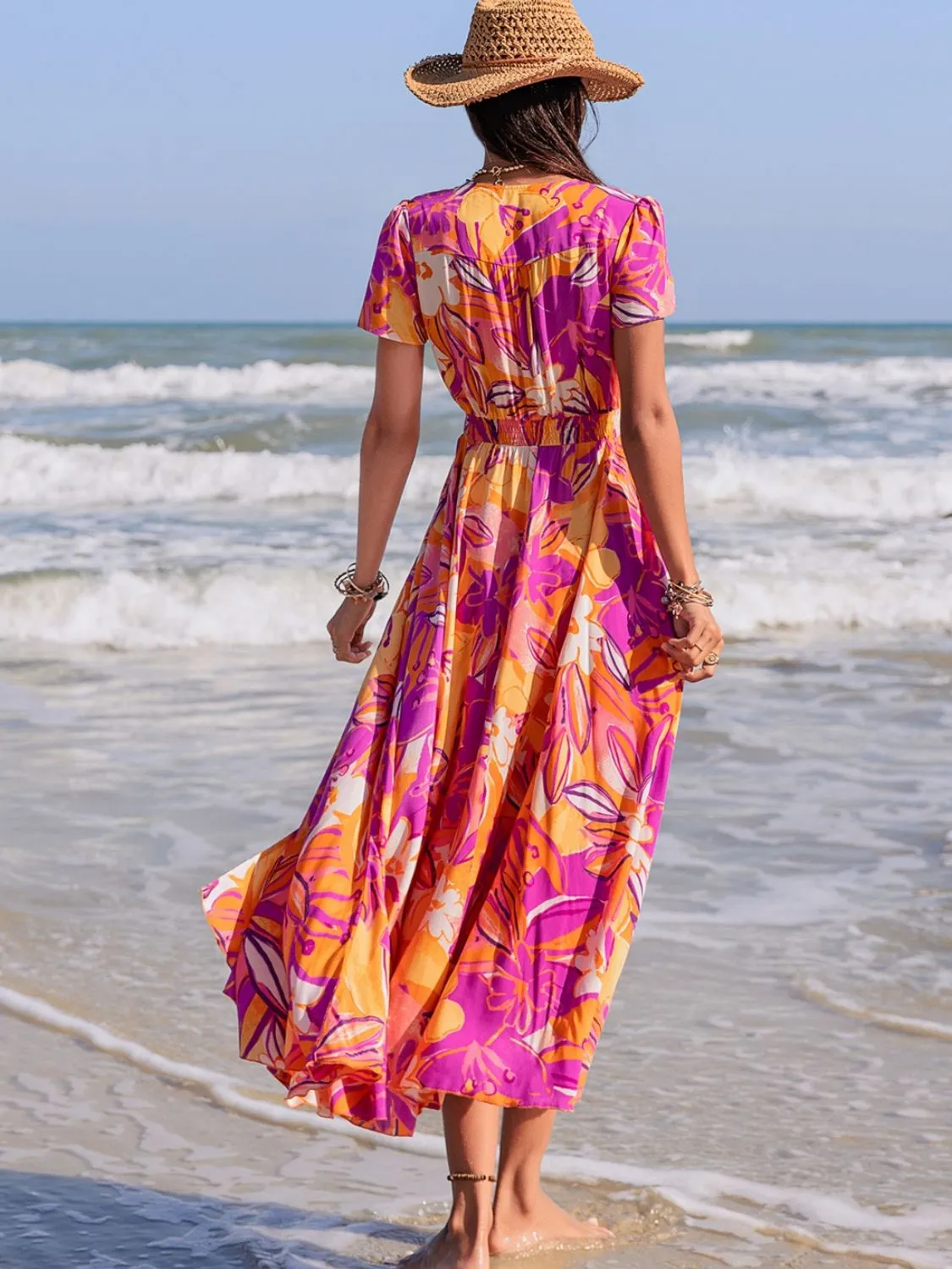 Floral Printed V-Neck Short Sleeve Midi Dress