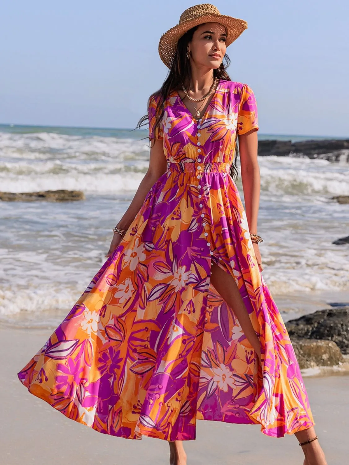 Floral Printed V-Neck Short Sleeve Midi Dress