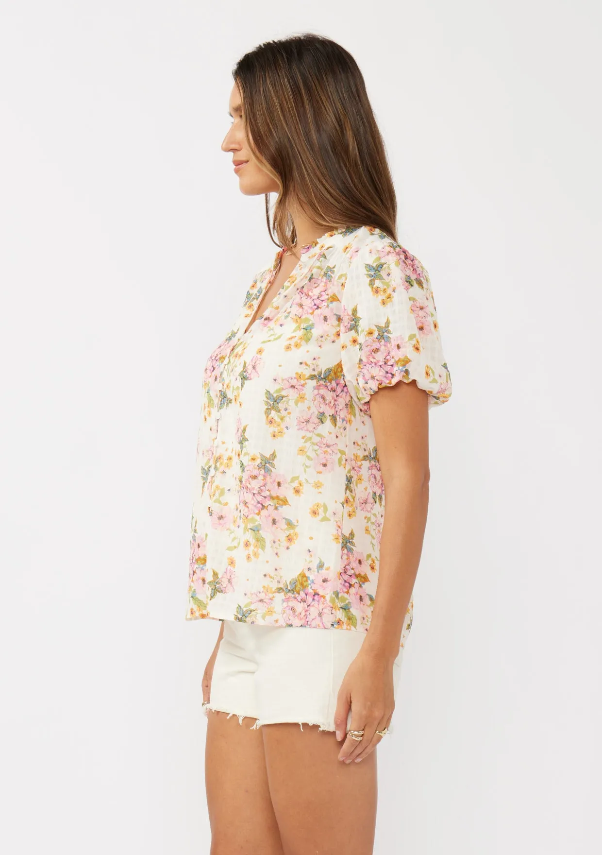 Floral Puff Sleeve Button-Down Top